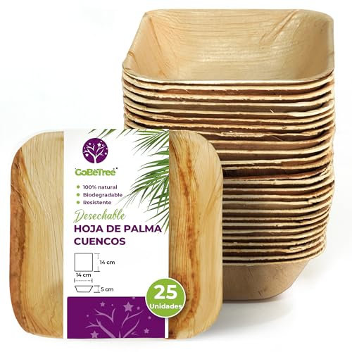 GoBeTree Cuencos Cuadrados de Hoja de Palma 14x14 cm, ecológicos, resistentes y elegantes para barbacoas, picnic, cumpleaños y eventos. Alternativa sostenible al bambú