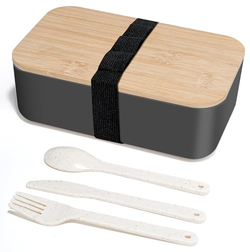 Cheerhom Boîte Bento Japonais Adulte avec Couvercle en Bambou, Lunch Box et Petit Four Boîte à Collation - Boîte Bento Bread avec Couverts,Taille 19 x 12 x 7 cm,Gris