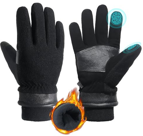 HANDLANDY Isolierte Leder Arbeitshandschuhe, Hirschleder Thermal Warm Polar Fleece Kaltwetter Handschuhe Touchscreen, für Autofahren Radfahren Ski Snowboard, S