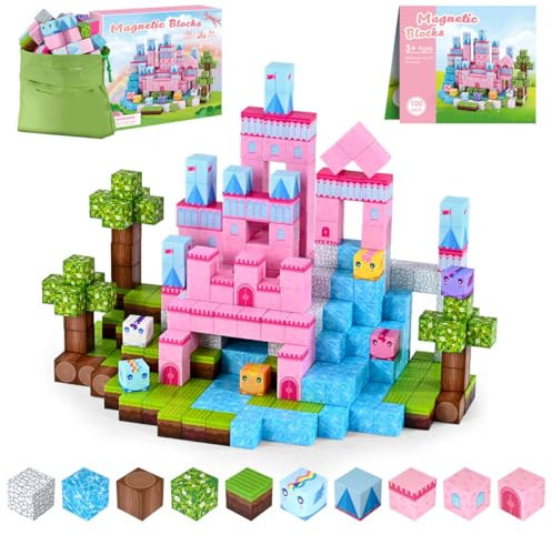 PINKCAT Magnetische Bausteine - Rosa Schloss Magnete Bausteine Spielset, Magnetischer Spielzeugbaustein für Jungen und Mädchen, Montessori Spielzeug ab 3 Jahren Geschenk für Kinder (100 Blöcke)
