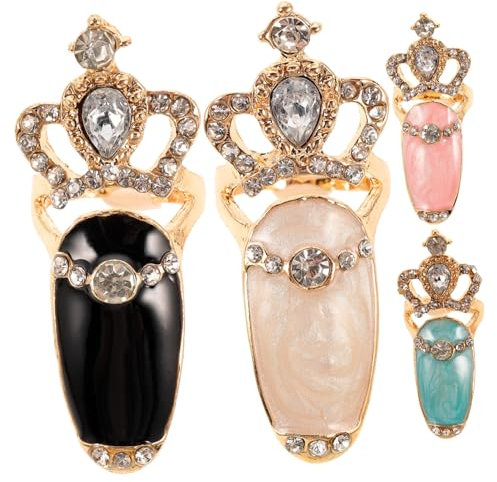 Didiseaon 4pcs Luxury Rhinestone Fingernails Rings Nail Art Charm Crown Knuckle Nail Rings for Women White Blue Black Pink DIY Manicure Accessories