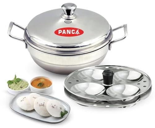 PANCA 15 Liter Edelstahl-Mehrzweck-Kadai mit Stahldeckel, Idli-Maker 2 Idli-Teller, 8 Mulden, Idli-Kocher, Edelstahl, Idly Topf mit Dampfgarer