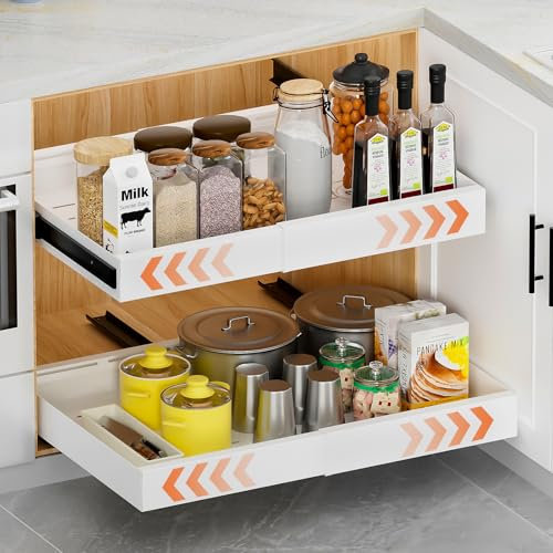 Ihomife 2 Pack Extendable Pull Out Kitchen Drawer - Upgraded Dual Mounting (Screws for Shelfless Cabinets/Nano Tape for Shelved) | Upgraded Heavy-Duty Rails, Space Saving Cabinet Organiser (white)