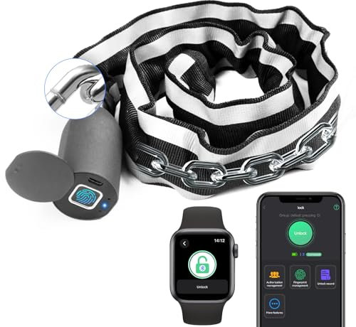 eLinkSmart Chain Lock Keyless Waterproof Biometric 100CM Chain Lock for Bike Scooter Motorcycle Door Fence Gate Black