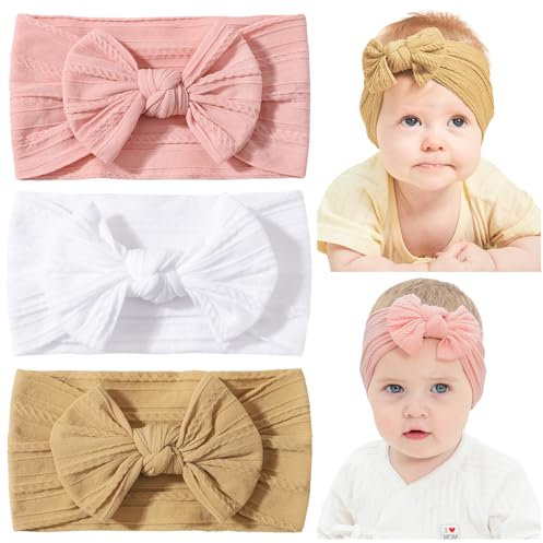 3 PZ Fascia Capelli Neonata Nylon Head Wraps Elastici per le bambine Neonati Bambini (1- Rosa Bianco, Giallo)