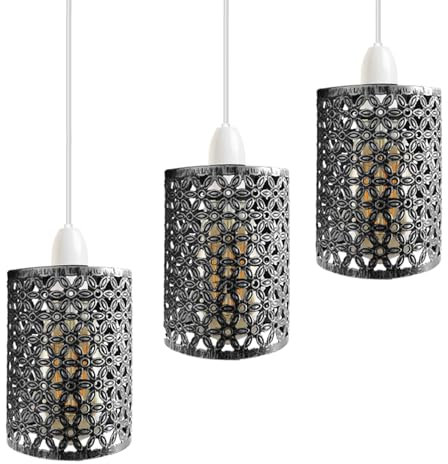 3 Pack of Industrial Brushed Silver Metal Bulb Guard Drum Shaped Lampshades for Ceiling Pendant Lights, Indoor Easy Fit Wire Cages for Kitchen, Hallways (Brushed Silver 3 Pack)