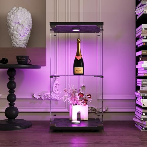 DAHUEN Glasvitrine Standvitrine(86X40X37CM) mit LED-Beleuchtung Und Schloss, 2 Lagen Glas Vitrine Sammlervitrine Vitrinenschrank, für Bar, Wohnzimmer, Schlafzimmer, Büro (Schwarz)