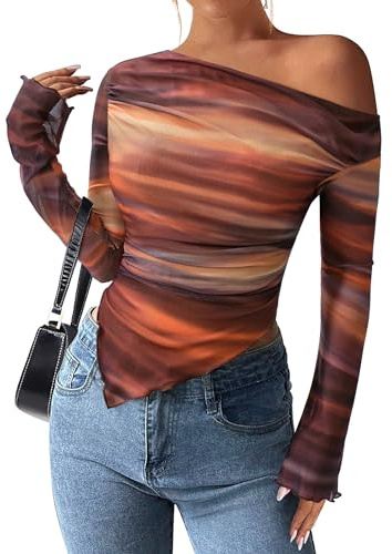 PRETTYGARDEN Womens Fall Trendy Off Shoulder Y2k Tops 2026 Tie Dye Mesh Long Sleeve Shirts Asymmetrical Ruched Floral Blouse (Floral Brown,X-Large)