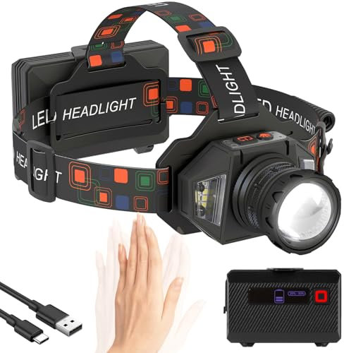 Shayson Linterna Frontal Súper Brillante, Linterna Frontal Potente con Sensor, Ajustable a 90° y 9 Modos de Luz, Extra largo de Autonomía, IPX4 Impermeable, Perfecta para Camping, Ciclismo, Pesca