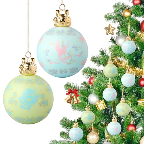 Hzyc Adornos de bolas de Navidad de cristal, 2 adornos de cristal soplado a mano, bolas de árbol de Navidad, adornos colgantes de dragón y Phoenix, juego de bolas para fiestas de vacaciones, regalo