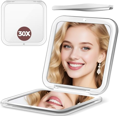 MOMOKUBA Miroir compact, miroir grossissant x30 pour sacs à main, petit miroir de maquillage avec grossissement 1x/30x, miroir de voyage portable pour femme, blanc
