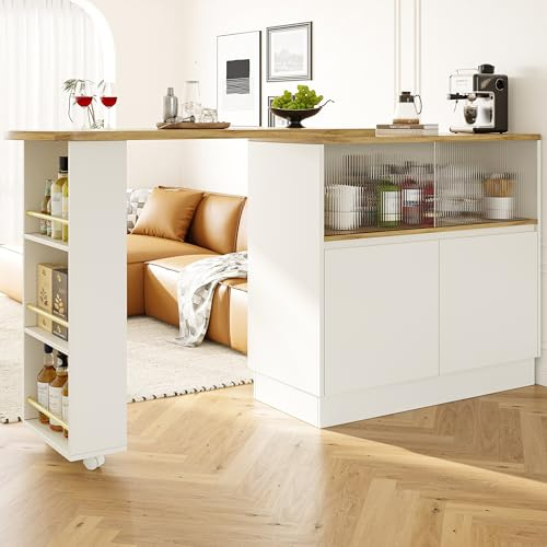 Merax 360° swivelling 3 Tier Dining Bar table, Mobile Kitchen Storage Island with 2 doors Cabinet, Shelves, Extendable Table, for Kitchen, Dining Room, Living Room, White/Main Body 90 x 45 x 100 cm