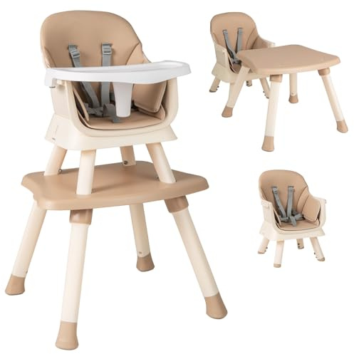 DREAMADE Hochstuhl mit Tisch, 6 in 1 Kinderhochstuhl mit Tablett & 5-Punkt Sicherheitsgurt, Babystuhl mit Abnehmbarem Kissen, Essstuhl Baby 7-36 Monate bis 25 KG (Khaki)