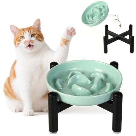 Elevated Ceramic Slow Feeder Cat Bowl, 6.3'' Wide Whisker Friendly | Slow Eating 5x, Anti Vomit Shallow Slow Eating Cat Dish, 3.9 H Raised Cat Puzzle Feeder for Dry and Wet Food, White