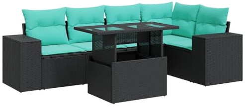 vidaXL 6 Piece Garden Sofa Set with Cushions Black Poly Rattan Acacia, outdoor sofa set, garden lounge set, poly rattan sofa set, patio sofa set