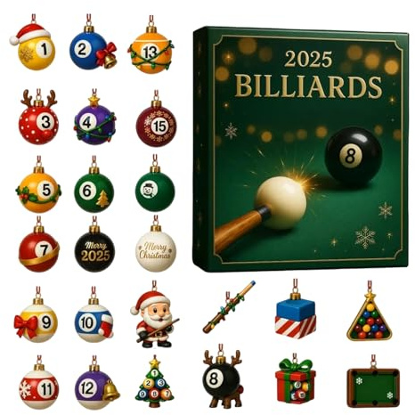 Billard Adventskalender 2025, 24 Tage Weihnachten Countdown Kalender mit Billard Thema Anhänger, 2D Acryl Weihnachtsbaum Werkzeuge