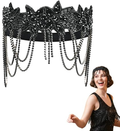 DIPZO 1920s Flapper Stirnband für Damen, Gatsby Vintage Haaraccessoires, 20er Jahre Strass-Kopfschmuck für Party, Hochzeit & Kostüm, Schwarz