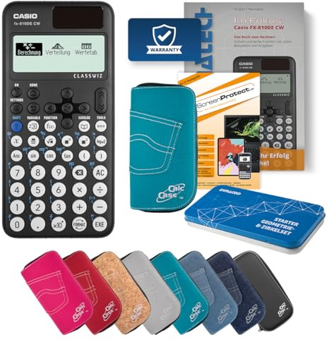 Casio FX 810DE CW Schulrechner mit CalcCase Schutztasche, Fachbuch, Geometrie Set & Displayschutz - Wissenschaftlicher Taschenrechner – ideal für Schule, Studium & Prüfung - Deluxe Set (Türkis)