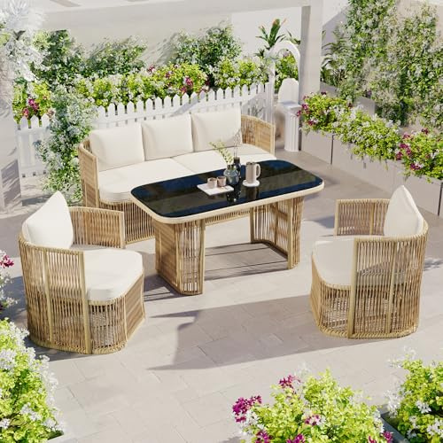 ECLIVON Gartenmöbel Sitzgruppe aus Rattan für 5 Personen, Outdoor Möbel 4-teilig für Garten, Gartenmöbel Set mit Tisch und Sofa,Balkonmöbel mit 2 Sessel und Sitzkissen, Essgruppe für Balkon (Beige)