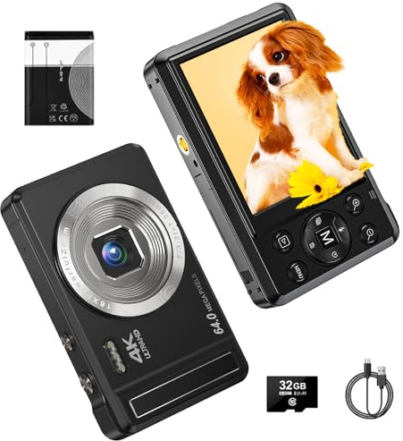 4K Digitalkamera, 2,8 Zoll 64MP UHD Kompaktkamera mit 32GB Speicherkarte, 1200mAh Akku, 16-facher Digitalzoom, Mini Autofocus Vlogging Kamera für Kinder, Anfänger und Jugendliche