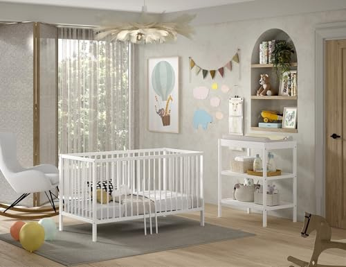 möbelando VIPACK Dino Babyzimmer Set – Mitwachsendes Baby-/Juniorbett 70x140 cm & Wickelregal aus Massivholz Buche Weiß – FSC-Zertifiziert & höhenverstellbar