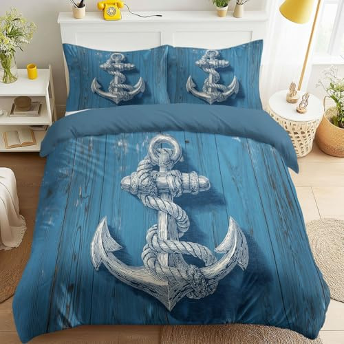 Générique Rustique Vintage - Parure da letto con cerniera nautica marina, con ancora, set copripiumino blu, facile da stirare, 135 x 200, set da letto per bambini