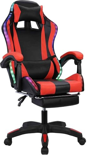 Gaming Chair, Ergonomic LED Lights Chairs with Footrest Massage Lumbar Support, PU Leather 360° Swivel Recliner Headrest,for Adults(Black Red)