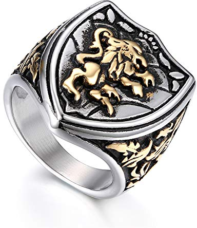 Flongo Herrenring Männer Ringe Siegelring Bandring, Edelstahl Biker Siegel Ring Löwe Schild Band Silber Gold Schwarz Daumenring Gotik Schmuck Herren-Accessoires