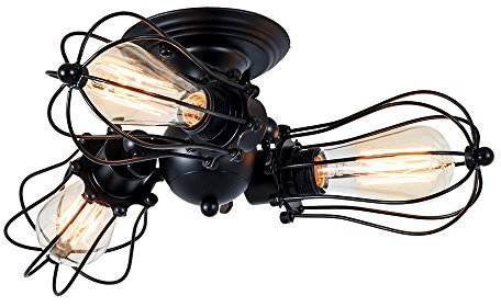 Vintage Ceiling Lights Adjustable Socket Industrial Chandeliers Metal Wire Cage Lamp Semi-Flush Mount Rustic Ceiling Indoor Home Retro Lighting Fixture 3-Light(Bulbs Not Included) (Modern Black)