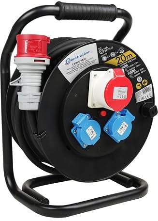 Electraline 49026, Kabeltrommel Industriel H07RN-F 5G2.5 20M Kabel - IP44 Outdoor mit Gummiverlängerung, 1 Industrie-Kaltgerätesteckdosen 3-poliger 16A (3P+N+E) Stecker geeignet + 2 Schuko-Steckdose