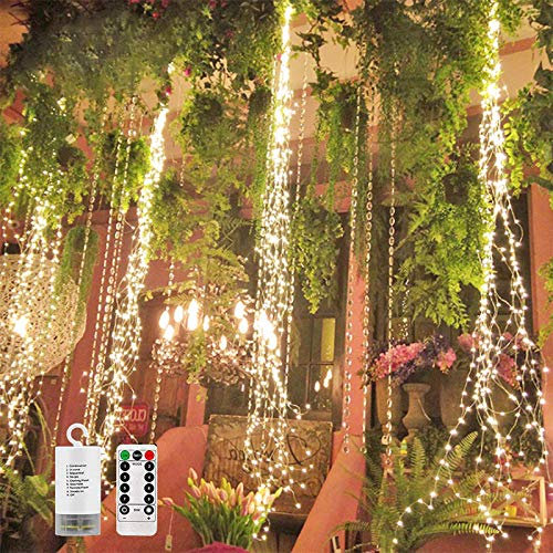 2 Pack 220 LED Firefly Bunch Lights Battery Operated, 8 Flashing Modes Waterproof Copper Wire Waterfall Lights, Remote Controlled Timer and Hooks, Fairy Lights for Indoor Outdoor Decor (Warm White)
