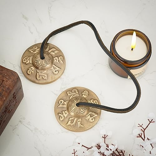 Ajuny Tibetische Tingsha Becken Handgefertigt Buddhistische Meditation Yoga Glockenspiel Geprägt mit OM Mane Padme Hum Symbolen Manjira Heilinstrument Spirituelle Geschenke