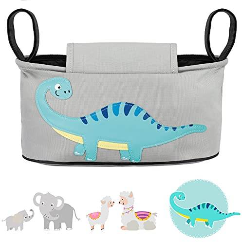 GLÜCKSWOLKE Kinderwagen Organizer - 12 Motive I Kinderwagentasche verschließbar I Kinder Buggy Tasche mit Feuchttücherspender I Baby Stroller Bag I Aufbewahrungstasche Dinosaurier (Danny Dino I Grau)