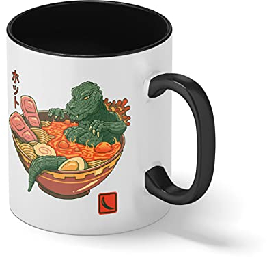 Spicy Lava Ramen King Godzilla in Hot Weiße Kaffeetasse Mug mit schwarzen Felgen & Griff