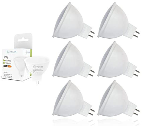 LIGHTWORLD24 MR16 LED Kaltweiss Led GU5.3 MR16 12V 7W Ersatz für 50W 60W Halogen Lampe AC DC12V GU5.3 6500K 550lm Hell Spot Birne Leuchtmittel 110°Abstrahwinkel Tageslicht 6 Stück