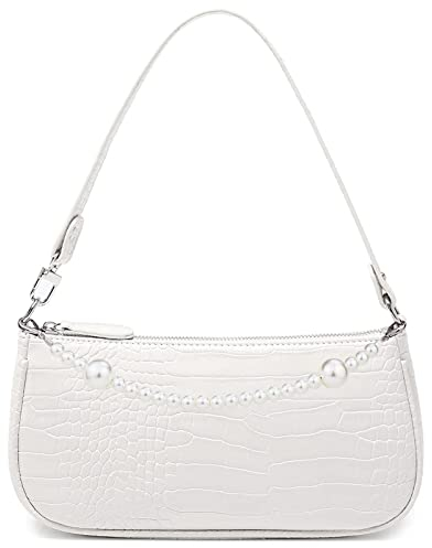 Right 20 Damen Umhängetasche Klein Weiß Mini Schultertasche mit Perlenkette 90s Handtasche Frau Vintage Shoulder Mini Handtasche Clutch Geldbörse Messenger Bag