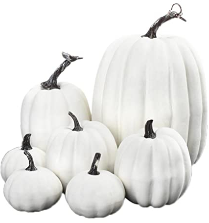Schimer Kürbis Herbst Deko Dekoration Draußen,Halloween weißer Kürbis,Groß Mini Weiß Kürbisse Zierkürbisse Herbstdeko Herbstdekorationen Halloween 7 Stück Simulationsschaum weißer Kürbis