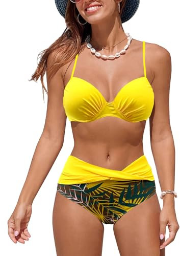 JFAN Bikini Sets for Women Ruched Swimming Costume Women Push up Bandeau Bikini Printed High Waist Bathing Suit 2 Pieces Yellow L
