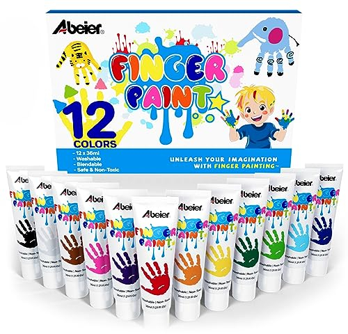 ABEIER Peinture lavable pour enfants, peinture au doigt non toxique pour tout-petits, fournitures de peinture artistique, cadeau pour bébé, peinture à la main, 12 couleurs, 36 ml/tube