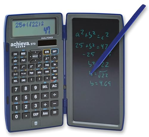 Achieva Calculadora científica con tableta de escritura LCD borrable | Pantalla de 2 líneas | Doble energía solar y batería | para estudiantes de secundaria, escuela secundaria (970)