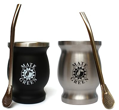 Gaucho Cebar Yerba Mate-Tee Set per due tazze termomate in acciaio inox nero e argento | Bombilla Stohhalm per tè | Set di tazze da tè Mate, facile da pulire e molto resistente