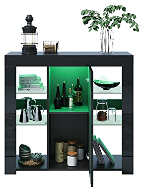 SONNI Credenza, Mobile da Cucina con Illuminazione a LED (possibilità di 16 impostazioni di colore) Mobile Nero Lucido per Ingresso, Soggiorno, 90x35x83cm