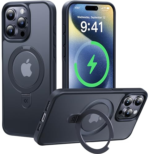CASEKOO 2024 Neu Magic Stand für iPhone 15 Pro Hülle für MagSafe [Militärschutz] [Unsichtbarer Ständer] Stoßfeste Kratzfeste Schutzhülle Dünne Griffige Handyhülle Matte Case - Edel Schwarz
