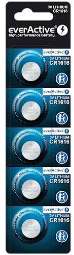 everActive CR1616, 3 V, Pilas de botón de Litio, batería más Potente, 10 años de duración, 5 Unidades, 1 blíster