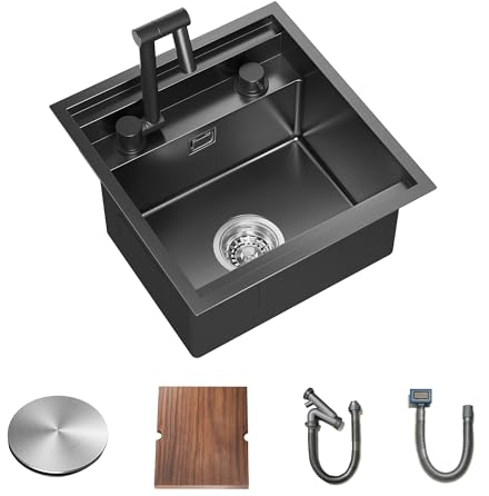 TORVA fregadero camper con grifo cocina, fregadero negro cocina 1 seno acero inoxidable bajo encimera, 40,6 x 43,2 x 23 cm