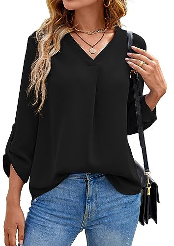 Yommay Women's Blouses Ladies Tops Elegant 3/4 Sleeve Chiffon Casual Fashion V-Neck T Shirts for Fall,Black,M