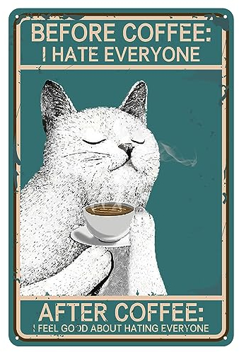 CREATCABIN Weiße Katze Blechschild Kaffee Metallschilder Vintage Plaketten Retro Poster Galerie Wandkunst Druck Dekor Hängende Eisenmalerei Zitaten Für Badezimmer Cafés Kneipen Geschenke 8x12inch