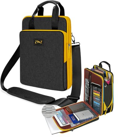 ZINZ Laptoptasche 12,3-13 Zoll Umhängetasche mit erweiterbarem Fach und Wertsachenfach，Schwarz-gelber Rand