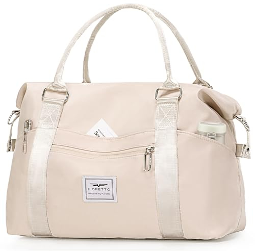 FIORETTO Damen Reisetasche Sporttasche Handgepäck Weekender Bag Schwimmtasche Wasserdicht Travel Bag Duffle Bag Fitnesstasche Trainingstasche für Damen Beige Medium