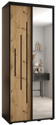 MEBLE KRYSPOL Davos 13 110 Schrank mit Zwei Schiebetüren für Schlafzimmer - Moderner Kleiderschrank mit Spiegel, Kleiderstange und Regalen - 235,2x110x45 cm - Schwarz Artisan Schwarz